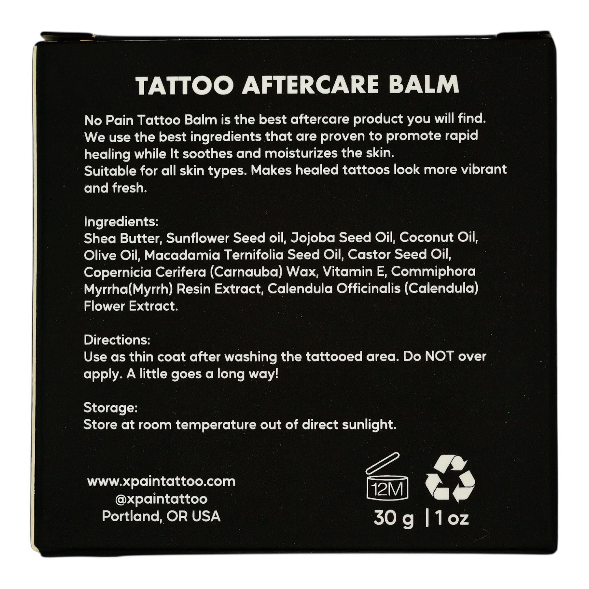 No Pain Tattoo Aftercare Balm highlighting natural ingredients for soothing and moisturizing skin.