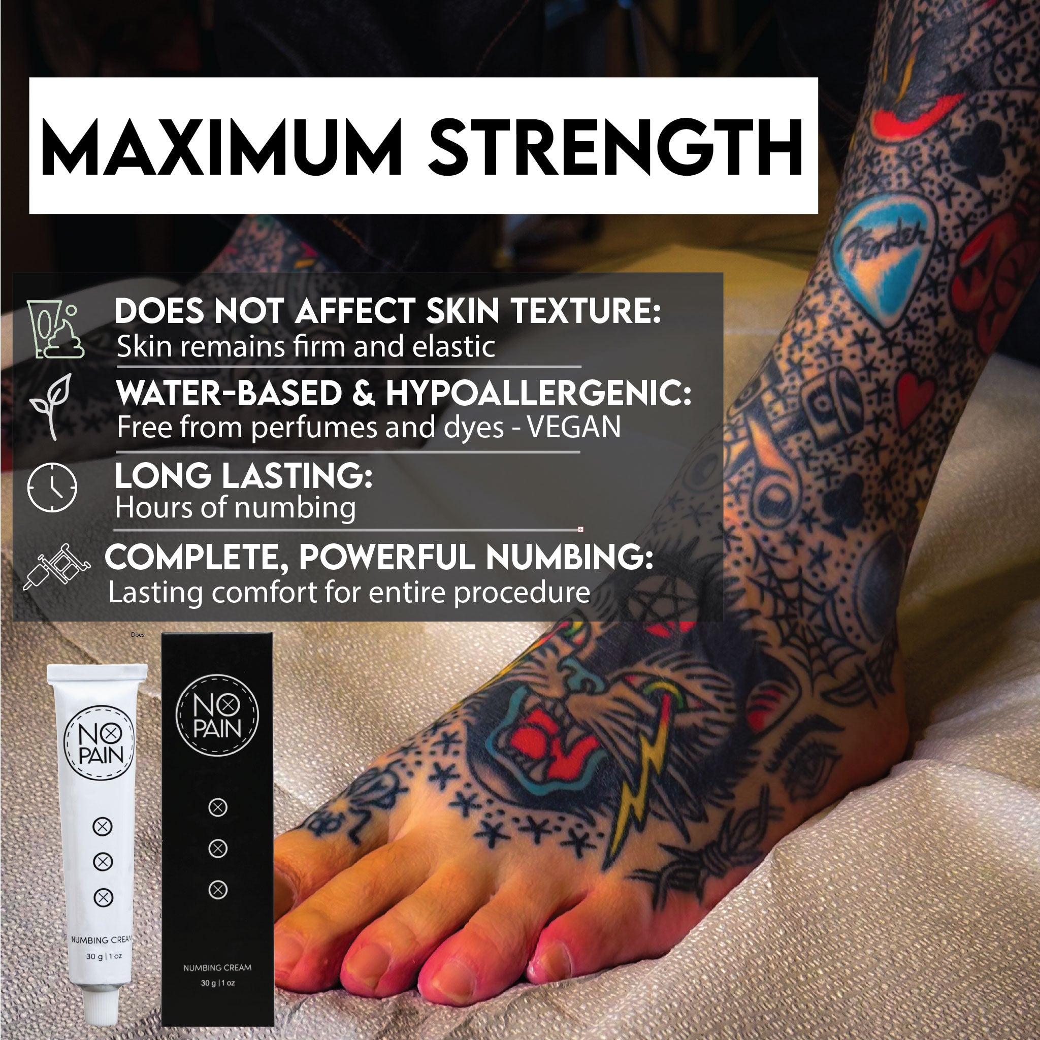 No Pain Tattoo Numbing Cream (90%) - Long Lasting Relief for Painless Tattoos (30g | 1 oz) - No Pain Tattoo