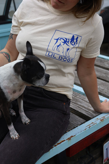 A person sitting on a blue wooden bench in Boston is wearing a beige commemorative shirt featuring a blue outline drawing of a dog and the text "Lil Dogs X Big Life T-Shirt on off-white Comfort Colors 100% cotton. Sizes S-2XL T-Shirt By @one_eyed_jon." A small black and white dog rests on their lap. The background is slightly blurred.