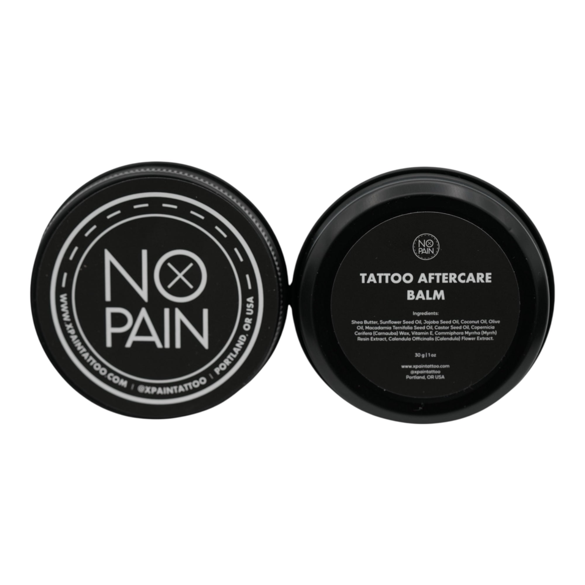 No Pain Tattoo Aftercare Balm tin showing front lid with logo and back label with ingredients, 30g.