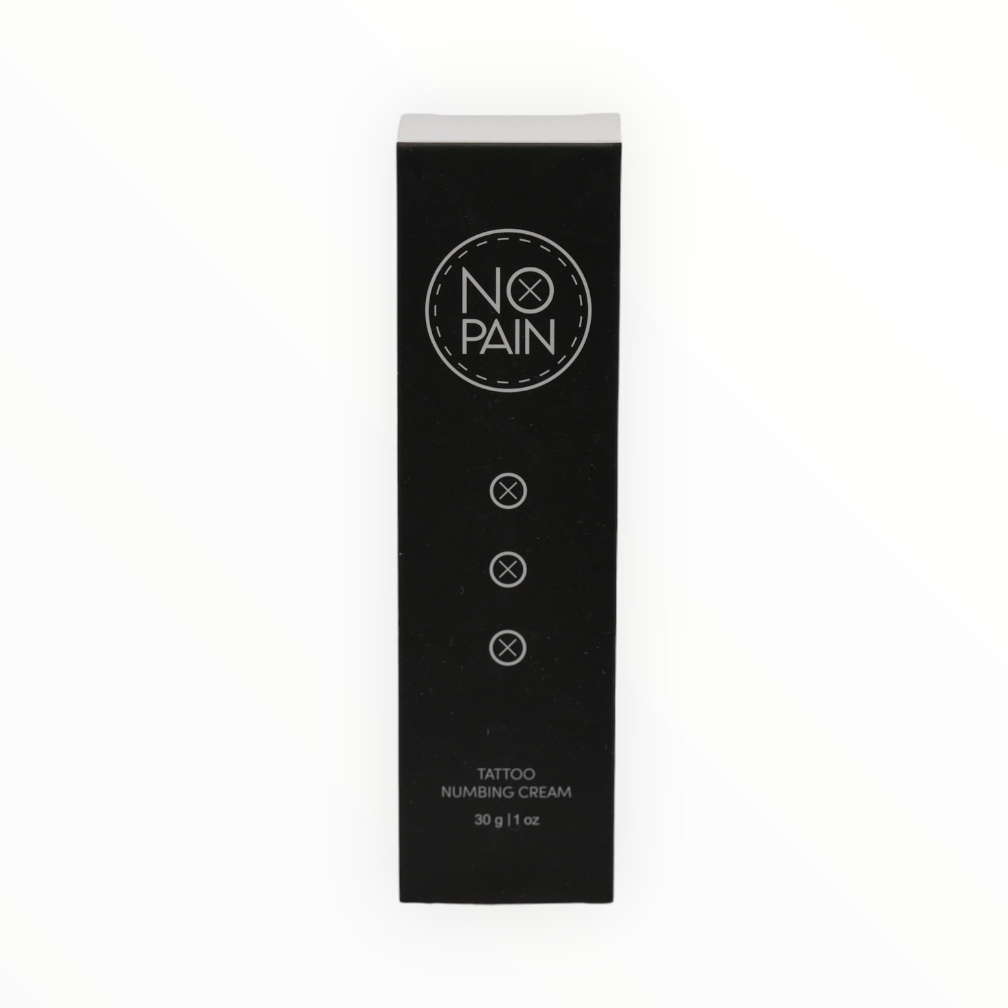 No Pain Tattoo Numbing Cream box with product name and 2+ hour relief claim.