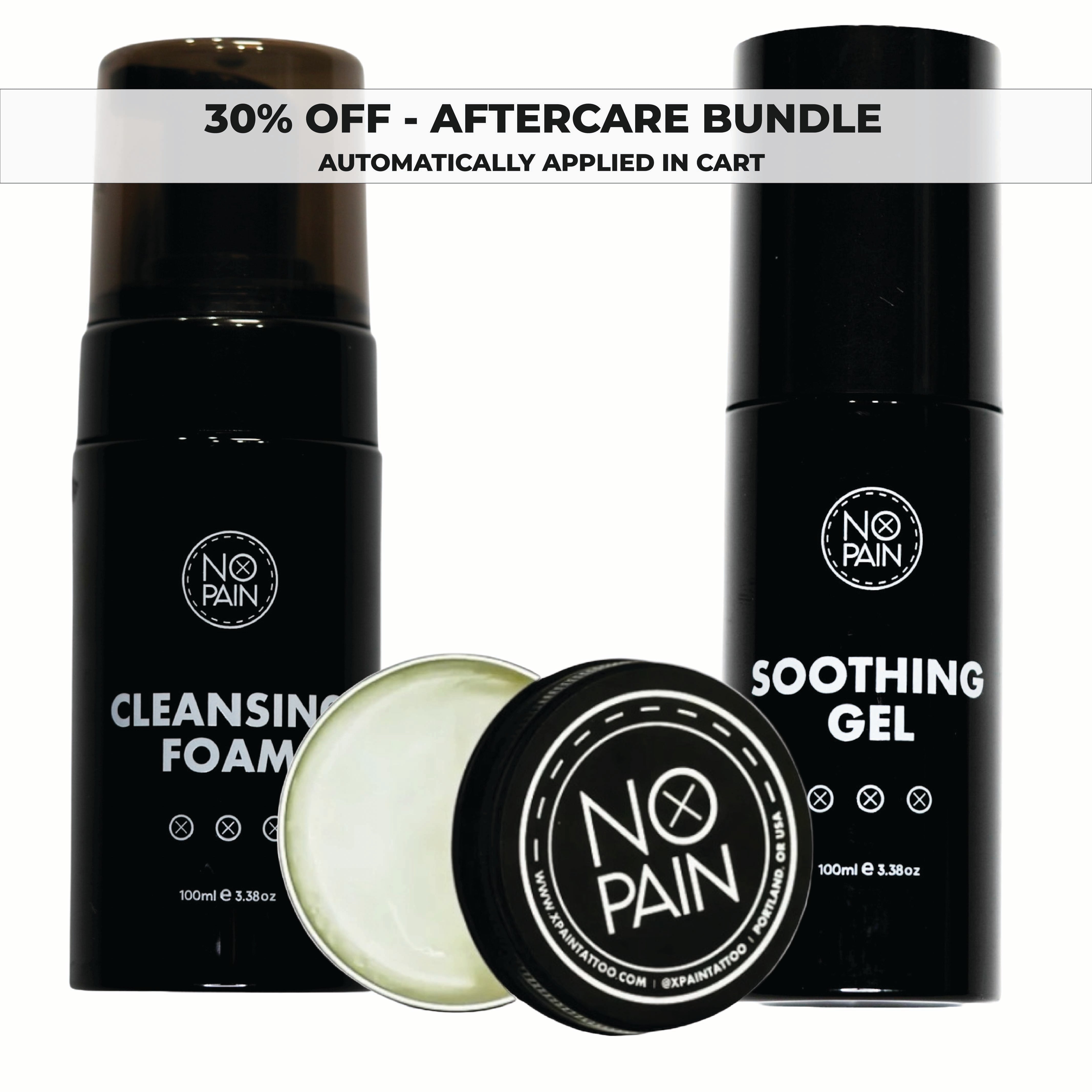 No Pain Tattoo Aftercare Bundle with Cleansing Foam, Soothing Gel, and Aftercare Balm. A 30% OFF promotional banner is displayed at the top.