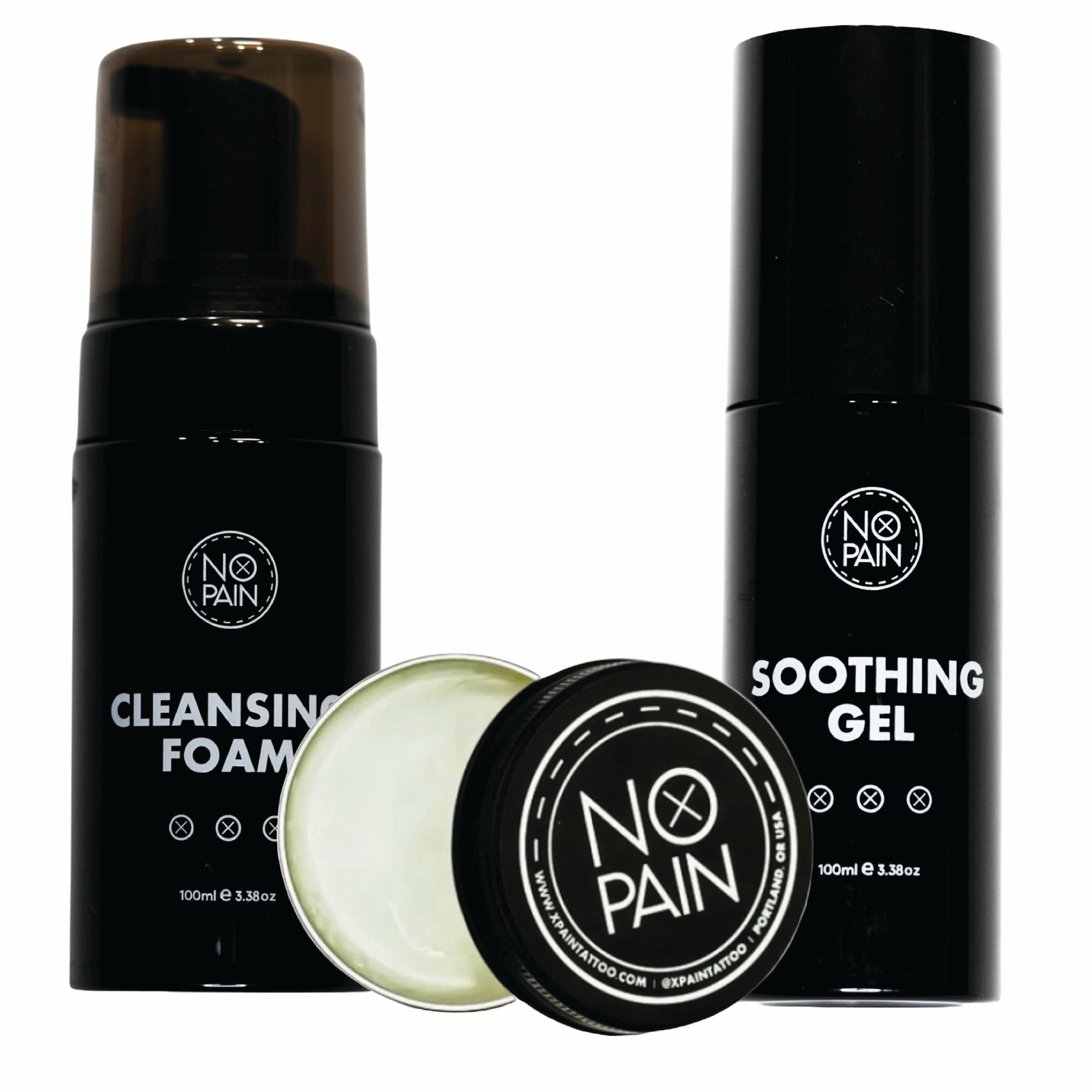No Pain Tattoo Aftercare Bundle featuring cleansing foam, soothing gel, and aftercare balm — a complete set for post-tattoo care and skin recovery.