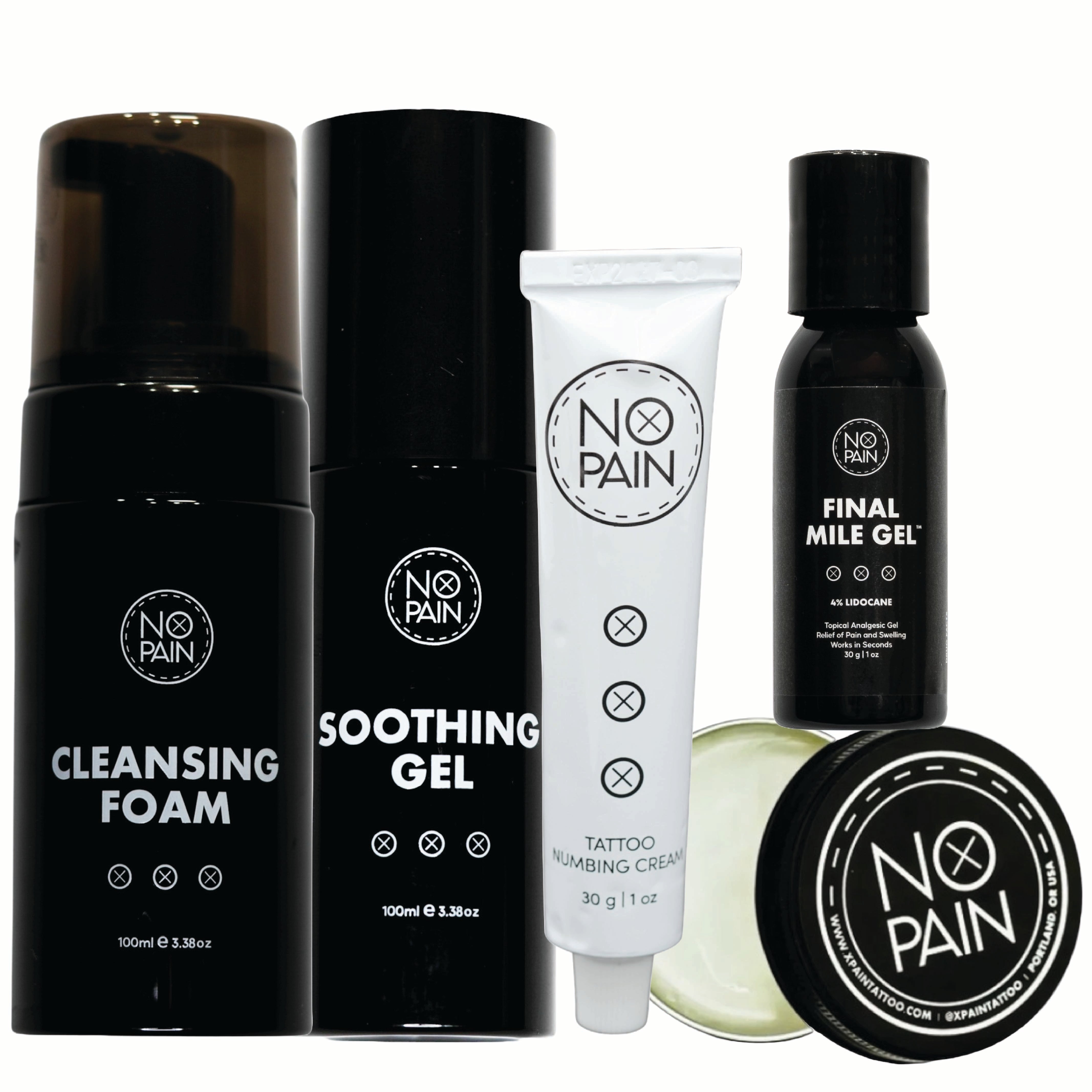 High-quality image of the No Pain Tattoo Full Bundle, including numbing cream, aftercare balm, cleansing foam, soothing gel, and Final Mile Gel — everything needed for a complete, pain-free tattoo experience from prep to healing.