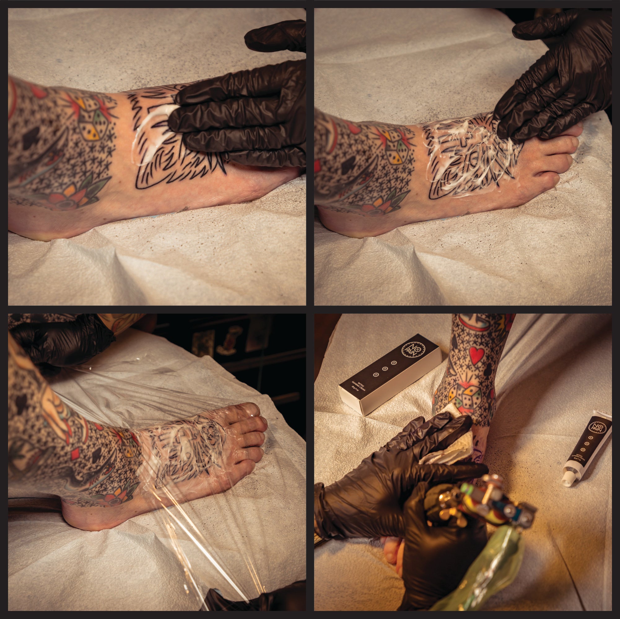 4-image collage showing No Pain Tattoo Numbing Cream being applied to a foot, followed by the person comfortably getting a foot tattoo.